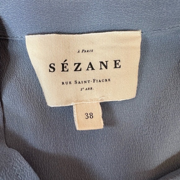 Sezane Blue 100 Percent Silk Long Sleeve Shirt Collar ButtonUp Blouse Size 38 - Picture 6 of 10